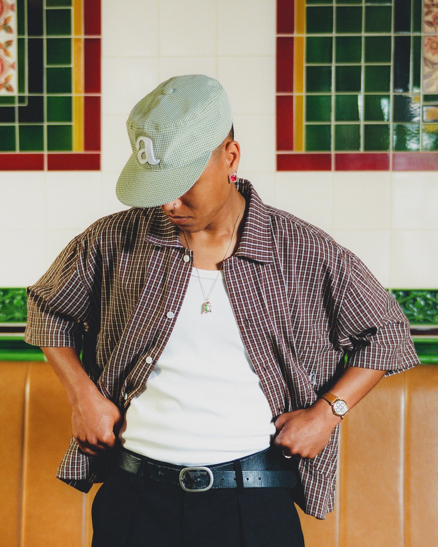 "a" pillbox cap - mint/ivory