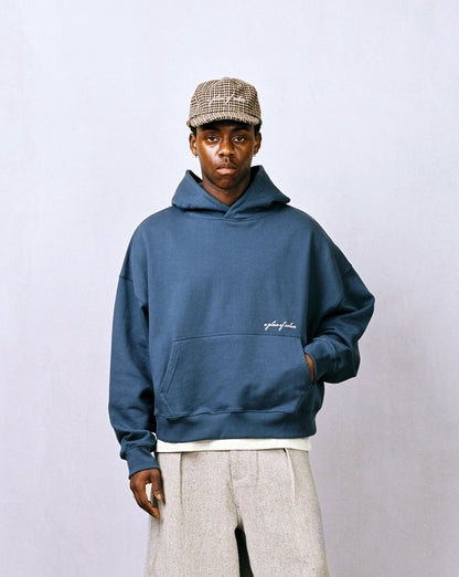 cursive hoodie - denim/ivory