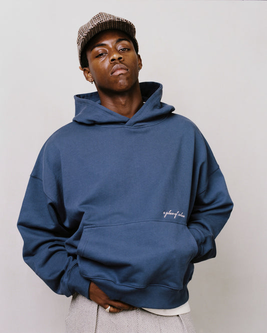 cursive hoodie - denim/ivory