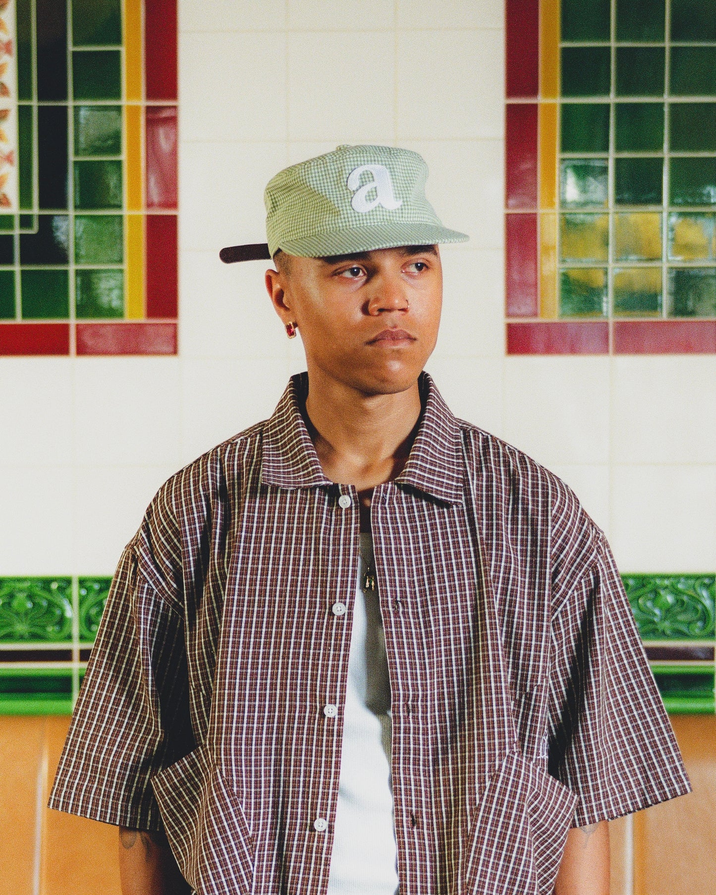 "a" pillbox cap - mint/ivory