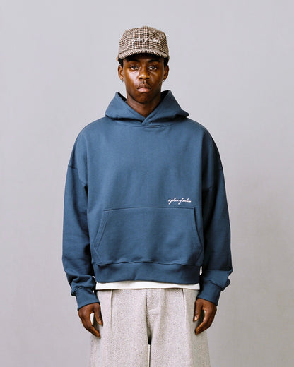 cursive hoodie - denim/ivory