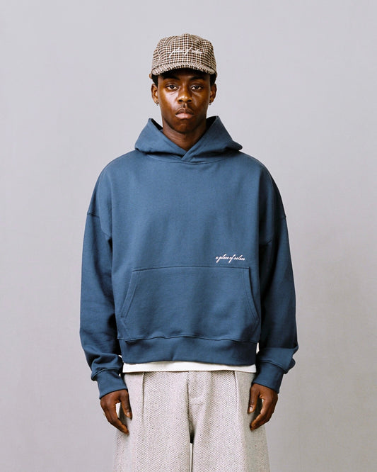 cursive hoodie - denim/ivory